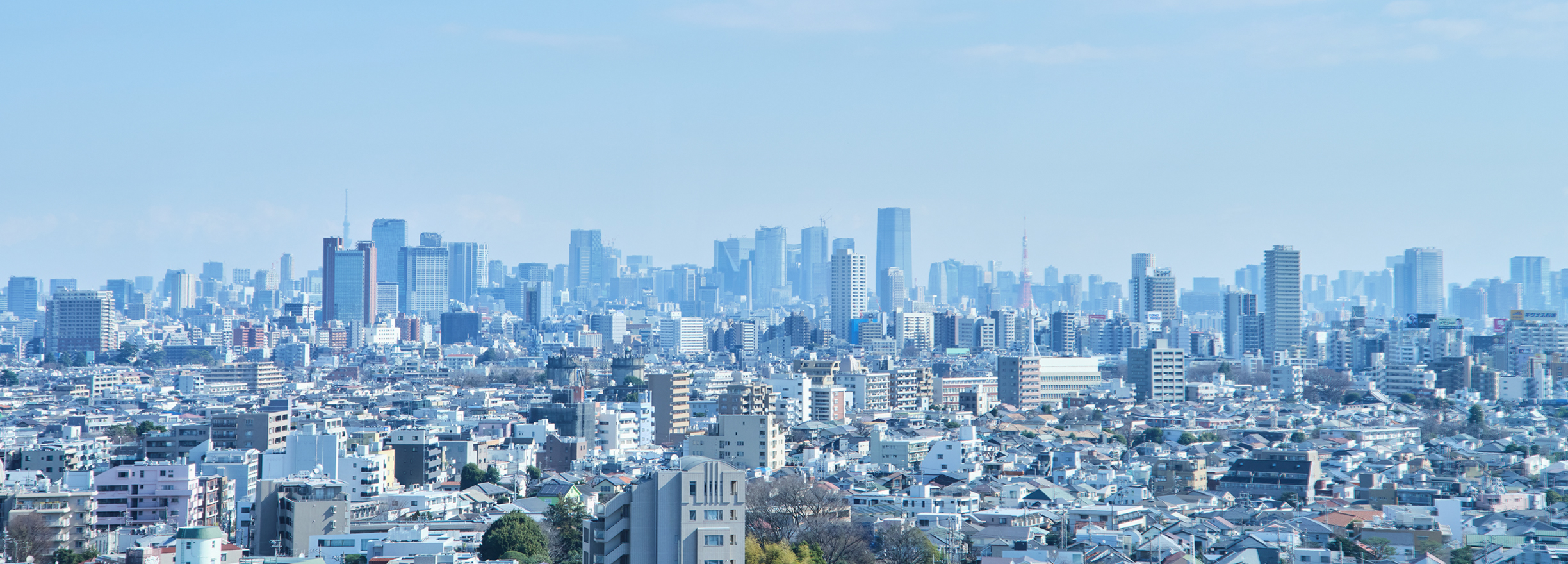 東京の都市景観。手前に低層の住宅街が広がり、遠方にはビジネス街の高層ビル群がそびえる都市のスカイライン。青みがかった霞んだ空気の中に浮かぶ大都市の全景。